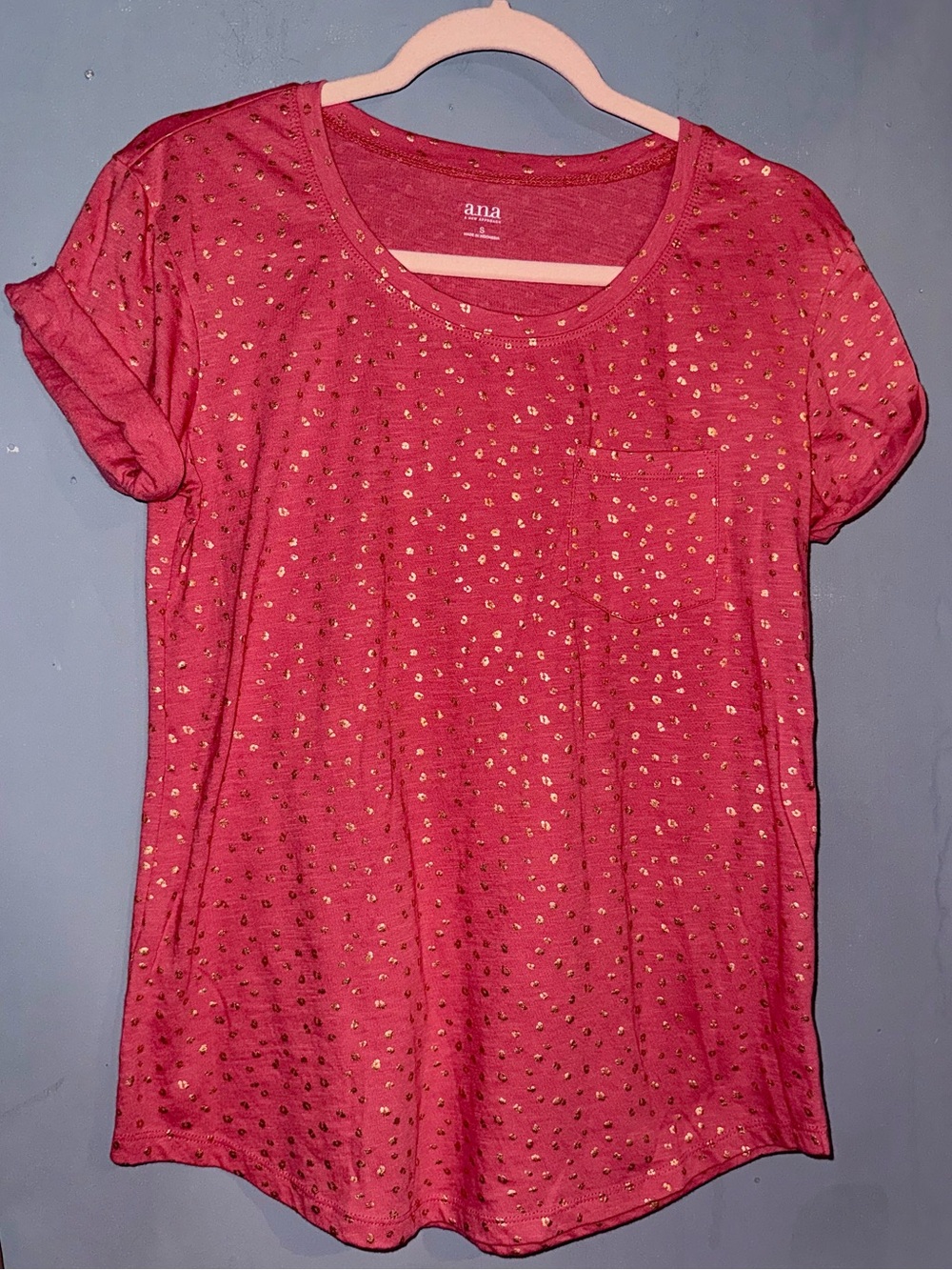 a.n.a. Coral Pink Gold Metallic Dot Pocket Tee Shirt Small